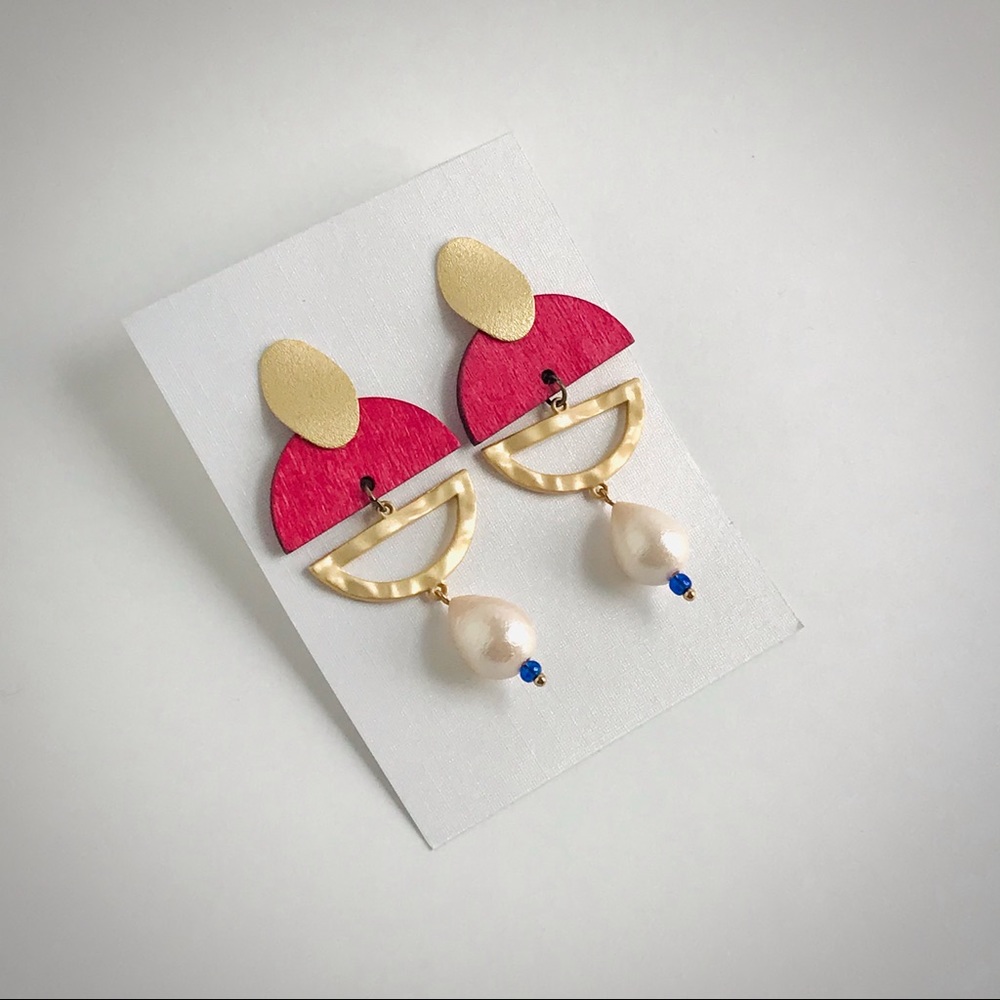 Statement Wood Earrings with Pearl Drop Geometric Design